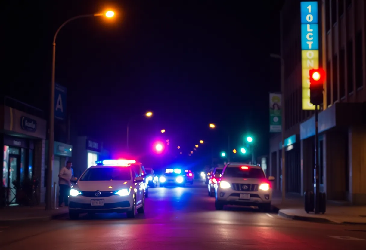 Police lights illuminating a dark street in Shreveport
