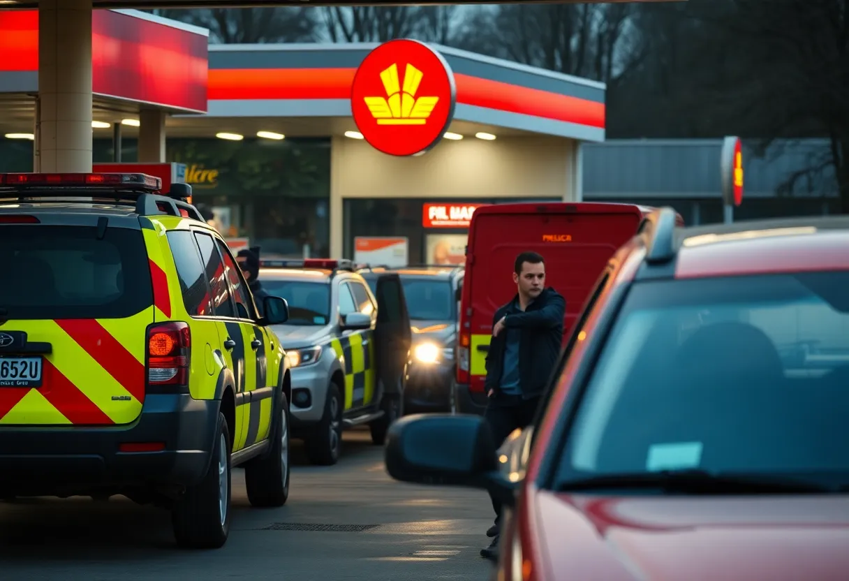 Emergency response vehicles outside an oil change business in Shreveport after a shooting.
