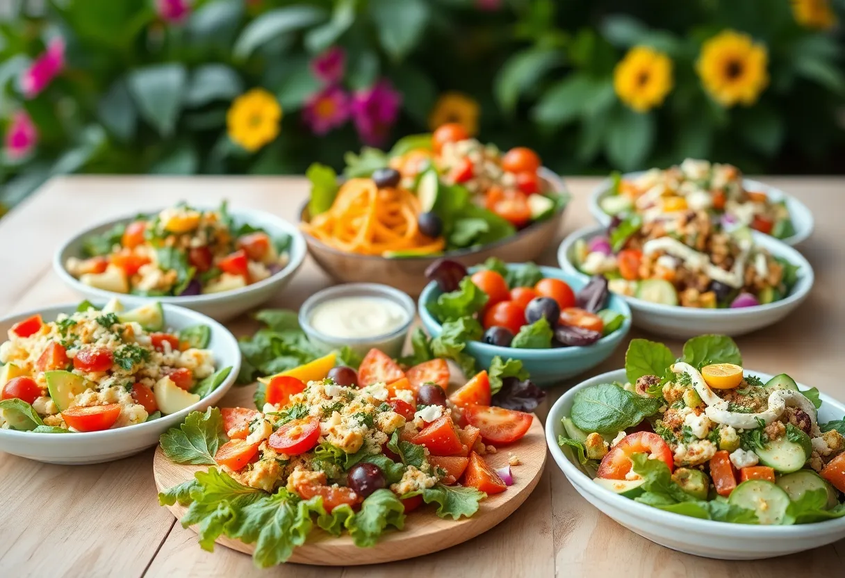 An assortment of fresh gourmet salads served in bowls, ideal for a summer meal in Shreveport, Louisiana.