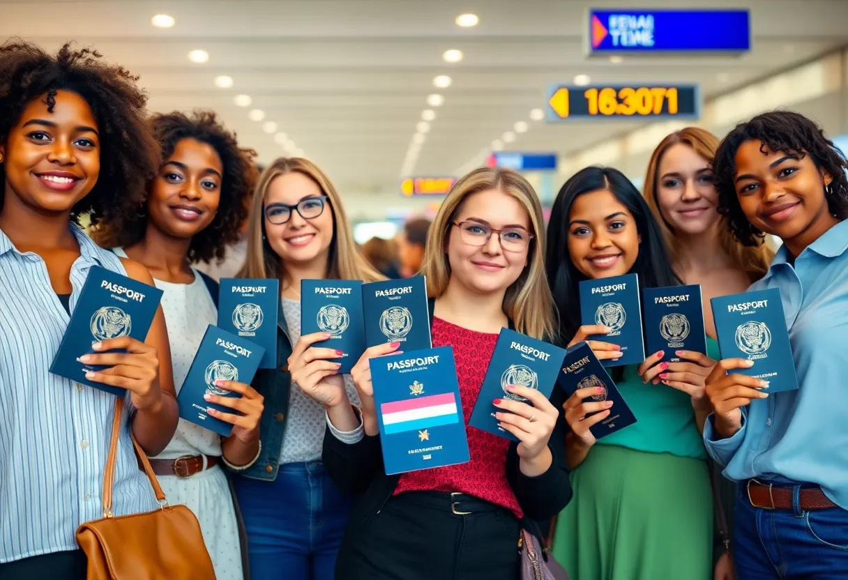 Group of diverse individuals holding passports with non-binary representation.