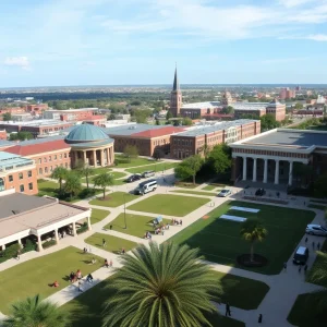Panoramic view of the University of New Orleans campus with students.