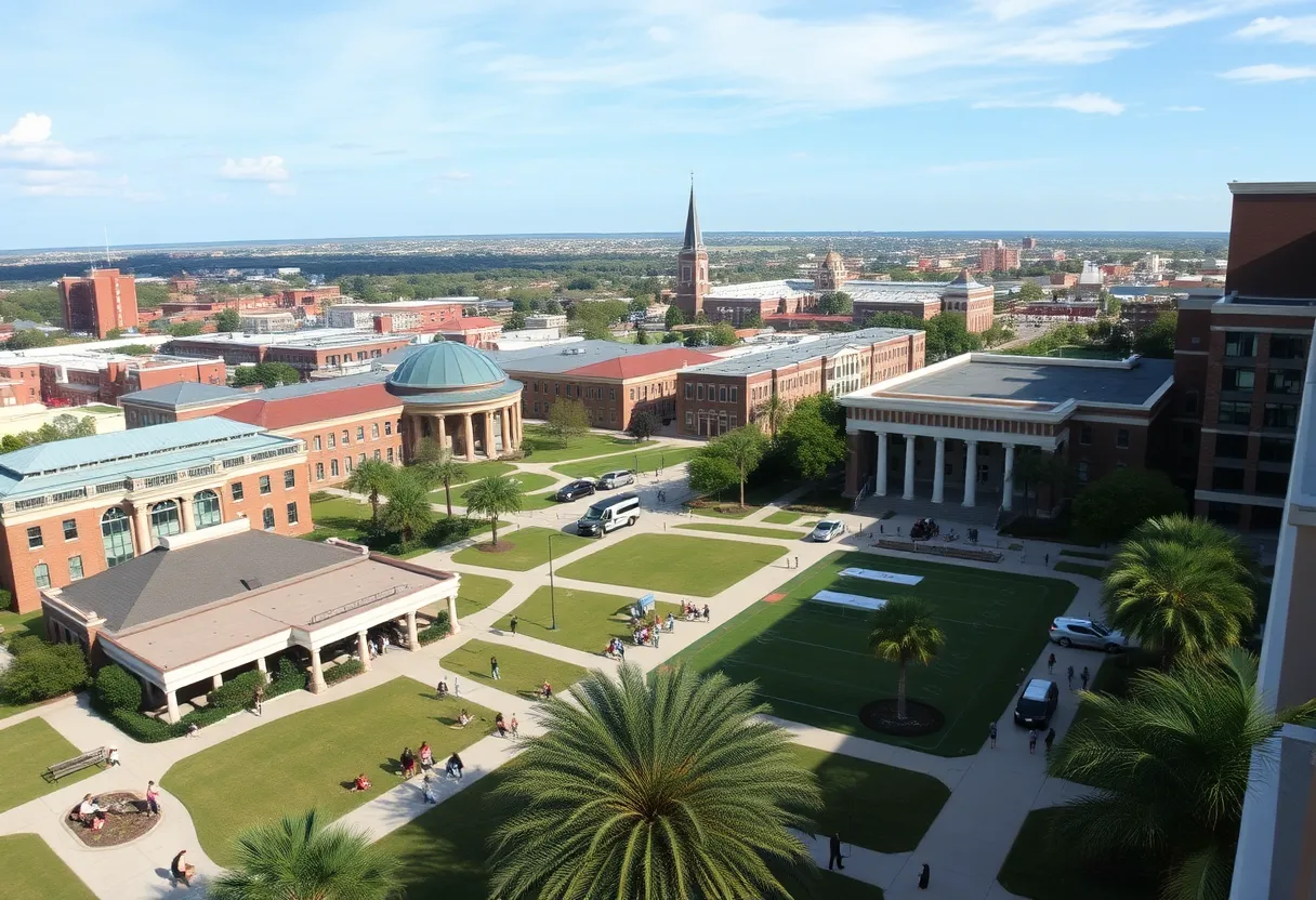 Panoramic view of the University of New Orleans campus with students.