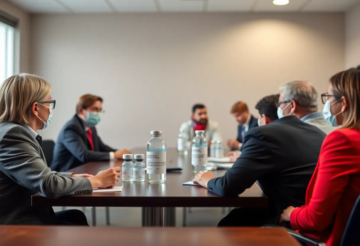 Diverse individuals in a meeting discussing vaccine policy.