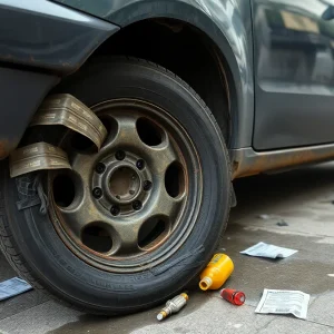 A car with slashed tires and broken mirrors showing extensive vandalism