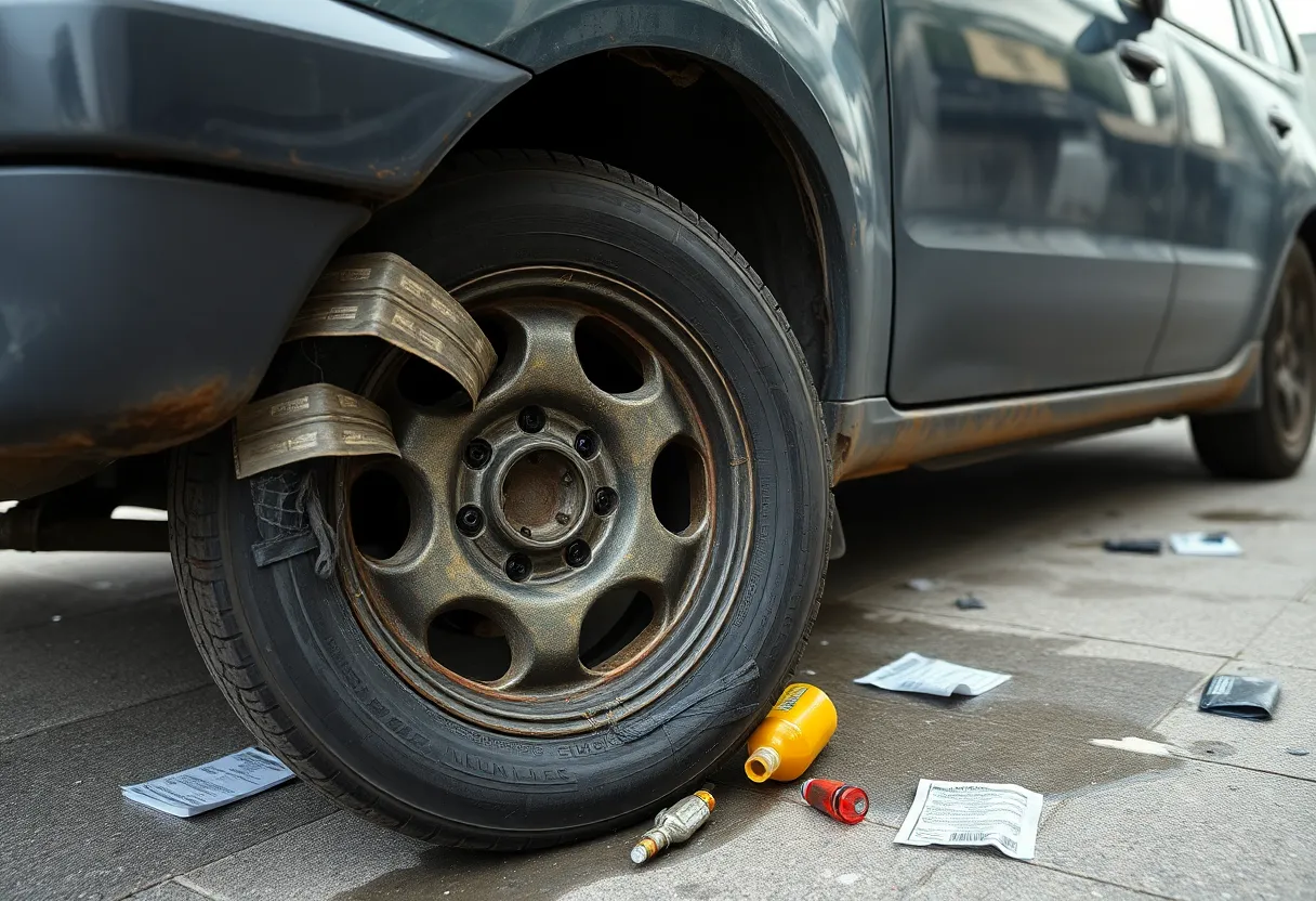 A car with slashed tires and broken mirrors showing extensive vandalism