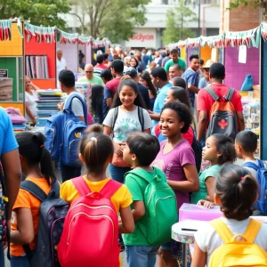 Families at the Caddo Parish Backpack Giveaway event receiving school supplies.