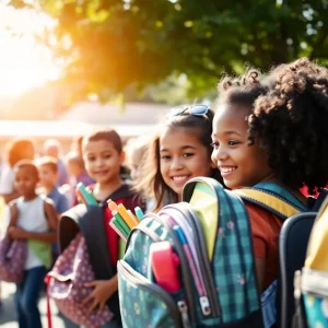 Children receiving backpacks filled with school supplies at the giveaway event