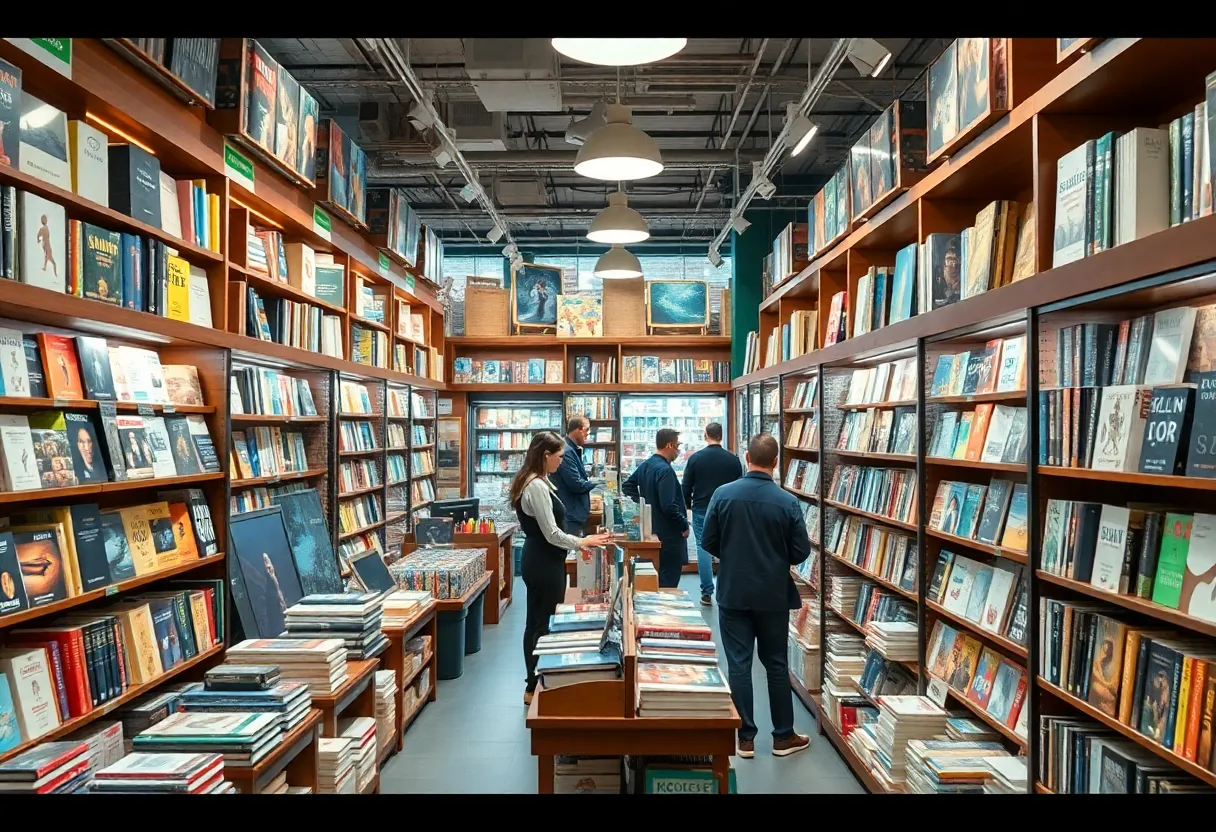 Interior of a Books-A-Million store with shelves filled with books and customers browsing.