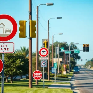 Suburban street in Bossier City highlighting communication signs