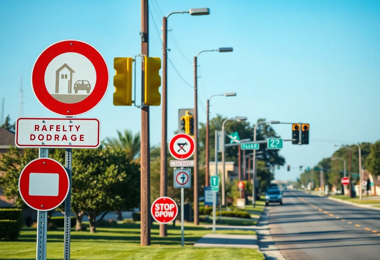 Suburban street in Bossier City highlighting communication signs