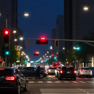 Urban intersection at night emphasizing pedestrian safety.