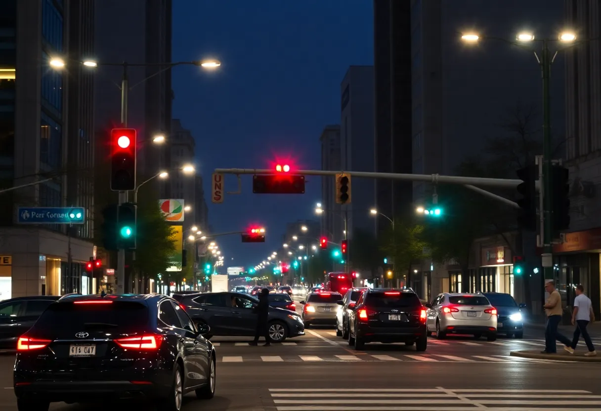 Urban intersection at night emphasizing pedestrian safety.