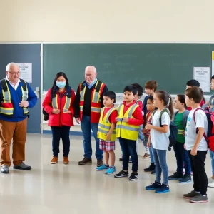 Students and parents participating in a school safety drill