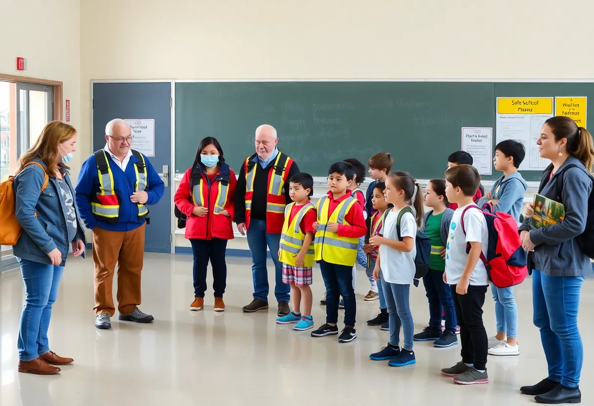 Students and parents participating in a school safety drill