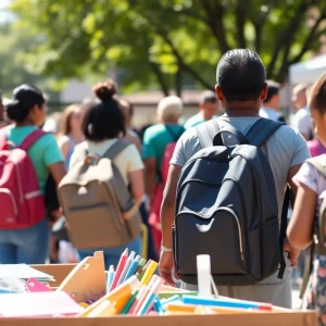 Families receiving school supplies at the Caddo Parish Sheriff's Office giveaway event.