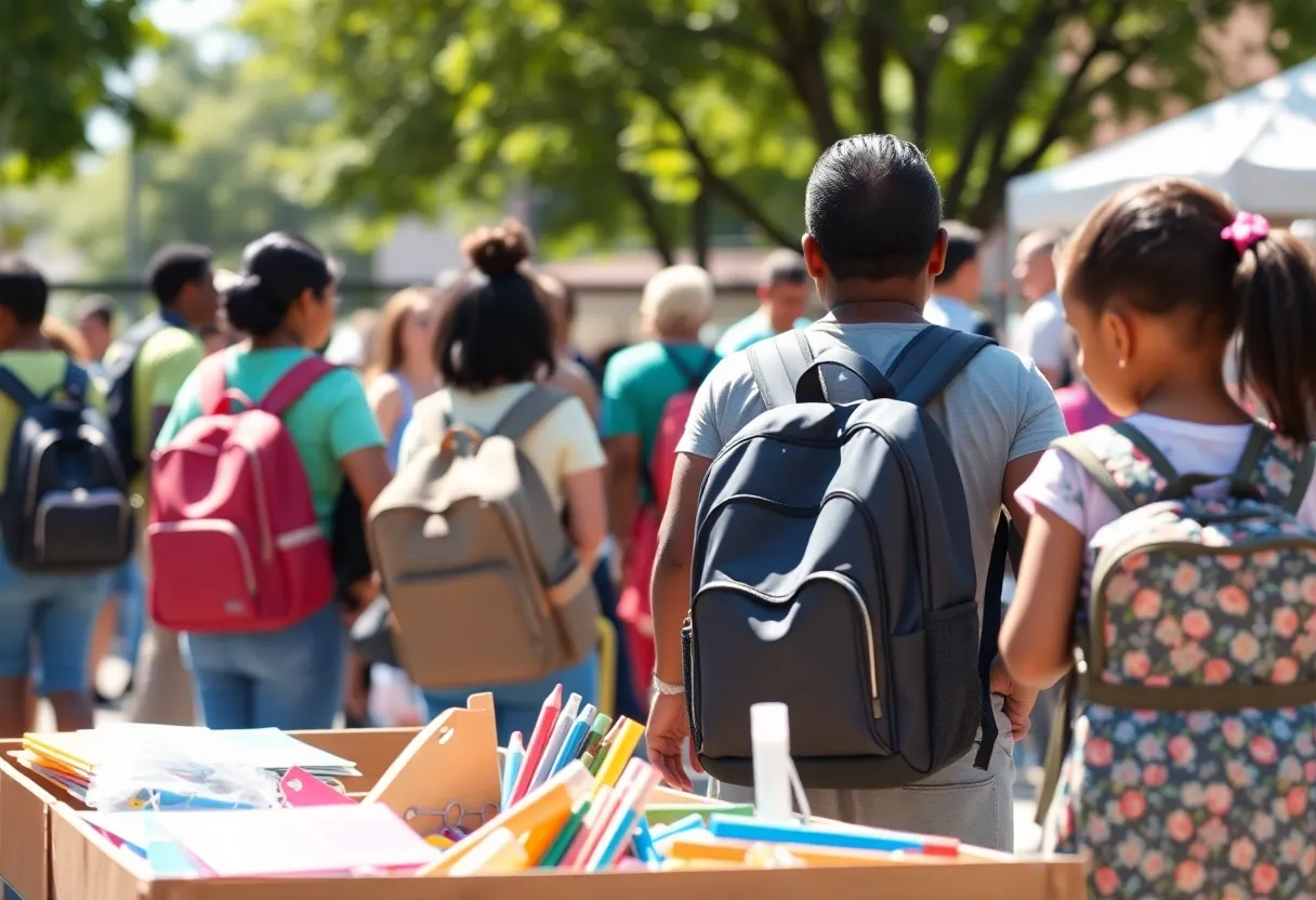 Families receiving school supplies at the Caddo Parish Sheriff's Office giveaway event.