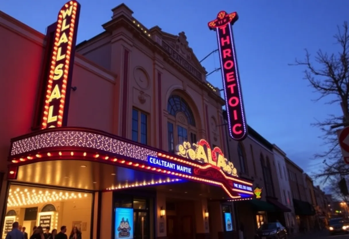 Exterior view of Capri Theater in Shreveport at dusk with marquee lights