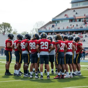 Centenary College football team practicing on the field