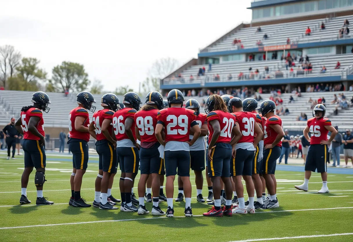 Centenary College football team practicing on the field