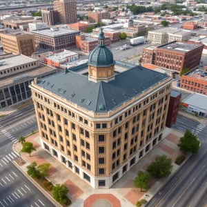 Aerial view of the former CenterPoint Energy building located at 525 Milam Street in Shreveport.