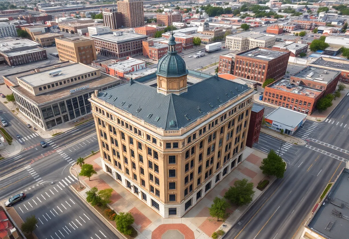 Aerial view of the former CenterPoint Energy building located at 525 Milam Street in Shreveport.