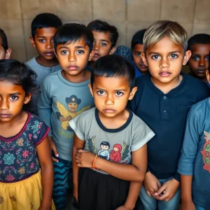 Children standing together in a safe environment after being rescued.