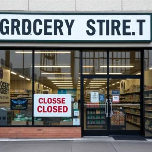 Image of a closed Kroger store front with a sign indicating closure.