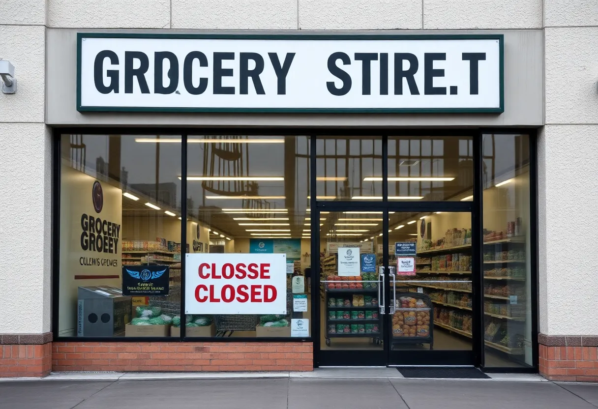 Image of a closed Kroger store front with a sign indicating closure.