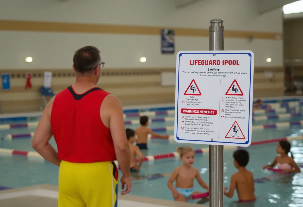 Community pool with safety warnings and children playing under supervision.