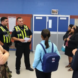 Community members discussing safety in a school environment.