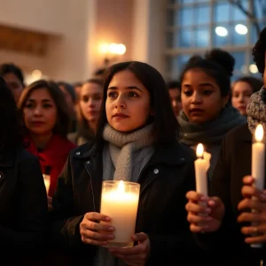 Community members holding candles for child safety