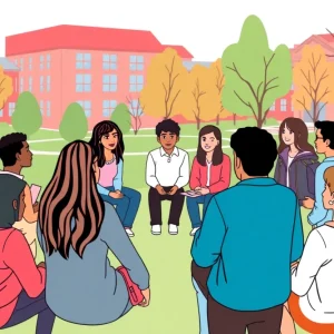 A group of diverse university students discussing immigration issues on campus.