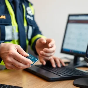 Police officer with digital devices related to credit card fraud investigation