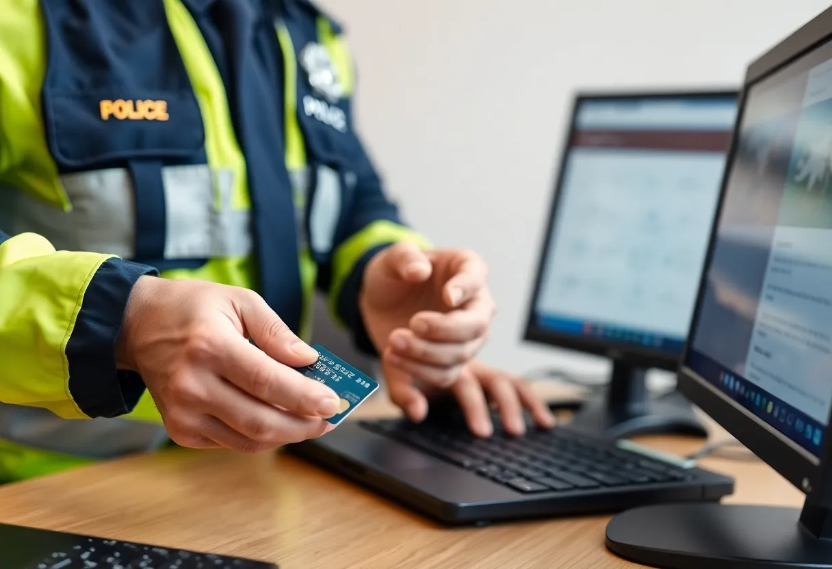 Police officer with digital devices related to credit card fraud investigation