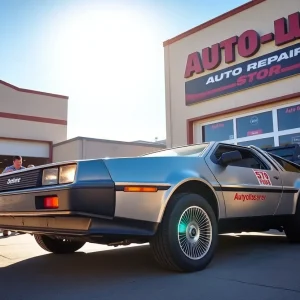 DeLorean time machine replica displayed outside Future Auto Repair in Bossier City