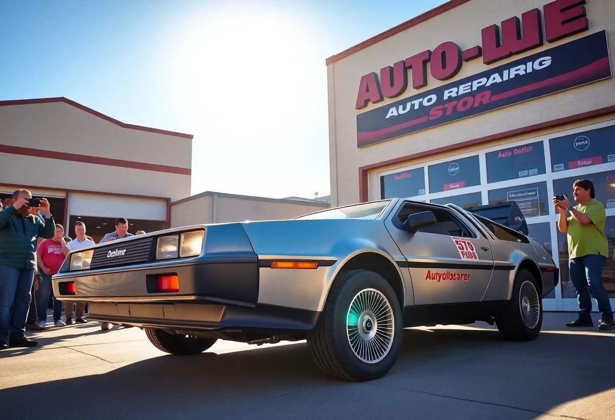 DeLorean time machine replica displayed outside Future Auto Repair in Bossier City