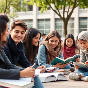 Group of diverse students studying together at university campus