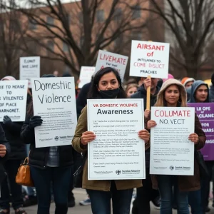 A gathering for domestic violence awareness with banners and people showing support.