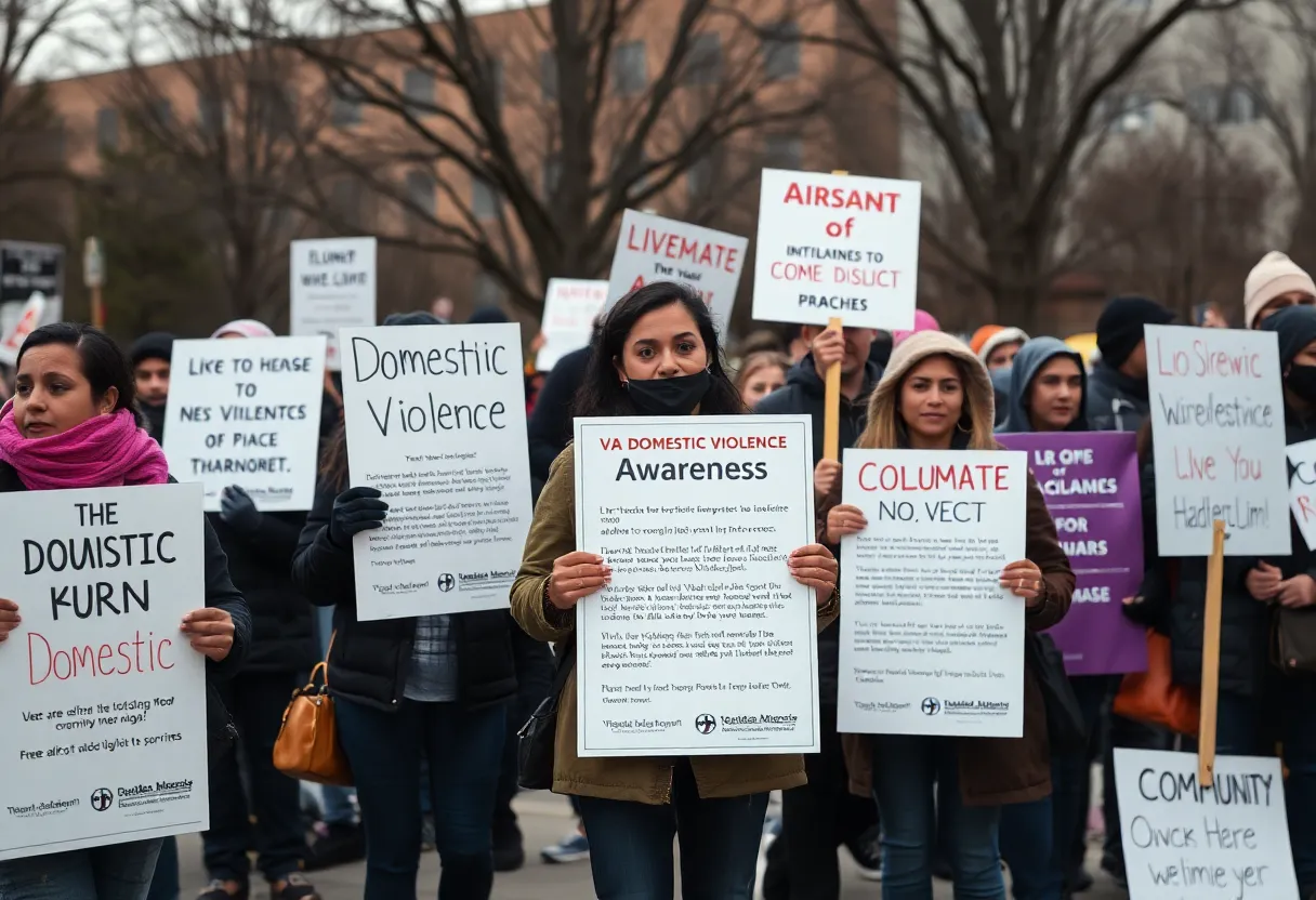 A gathering for domestic violence awareness with banners and people showing support.