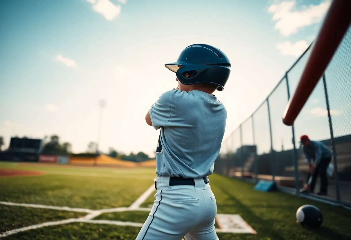 Young baseball player practicing batting in a field