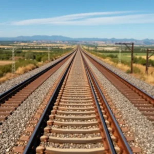Aerial view of freight railroad tracks extending across the countryside.