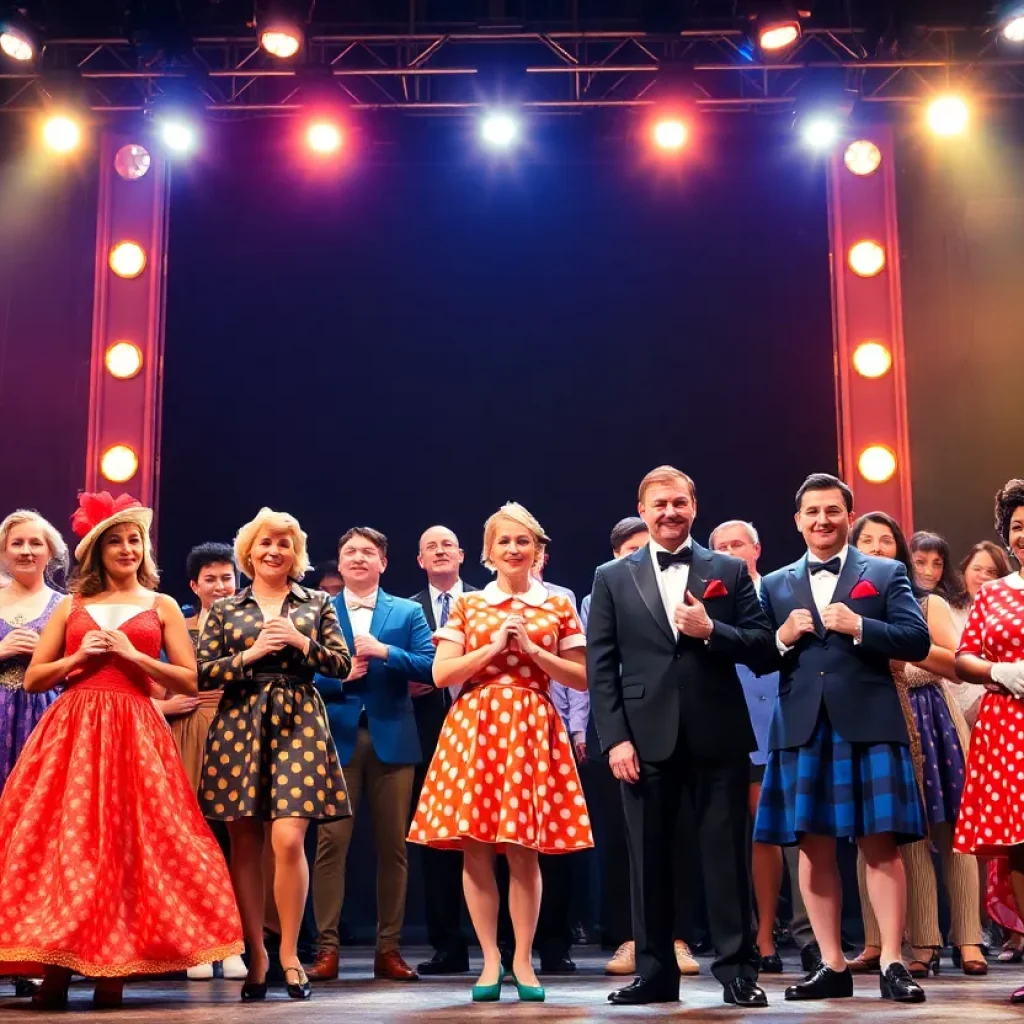 A lively performance scene from Guys and Dolls at Shreveport Little Theatre, featuring actors in 1950s costumes.
