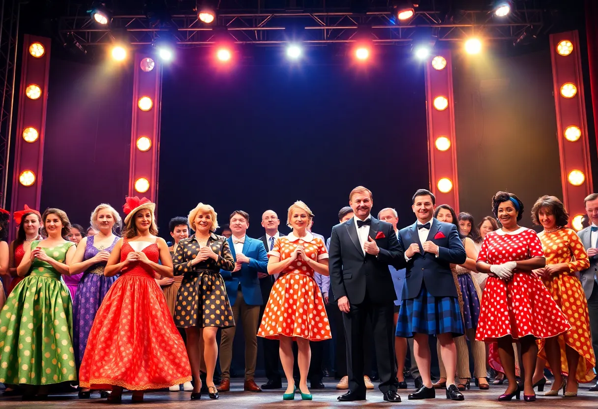 A lively performance scene from Guys and Dolls at Shreveport Little Theatre, featuring actors in 1950s costumes.