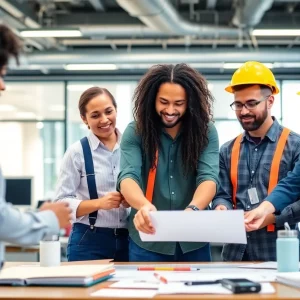 Diverse skilled workers in an office setting collaborating on projects