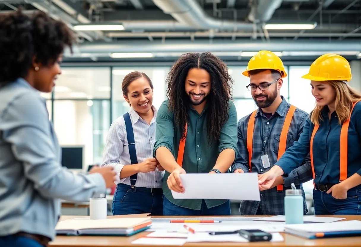 Diverse skilled workers in an office setting collaborating on projects