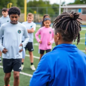 Young athletes training on a football field under a coach's guidance.