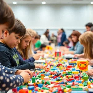 Families participating in a community LEGO education event.
