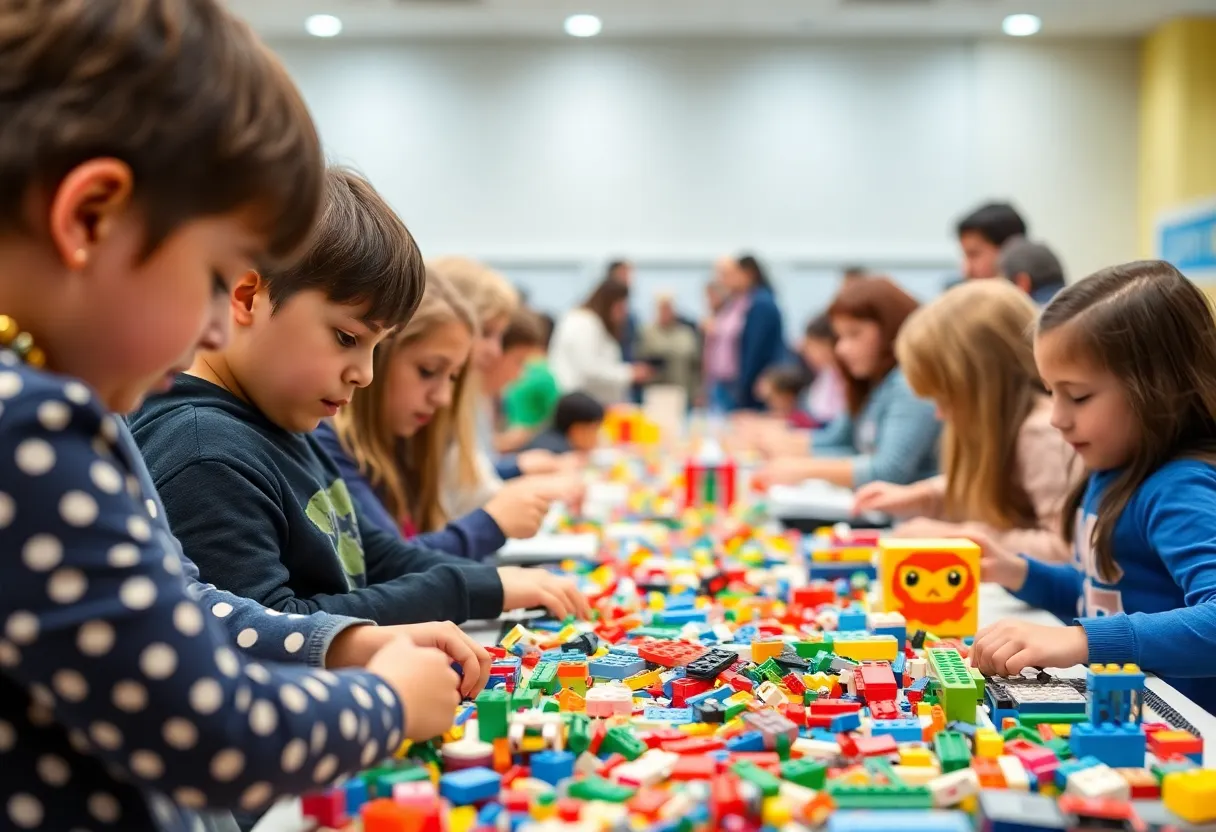 Families participating in a community LEGO education event.