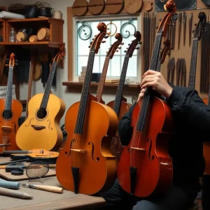 A luthier working on string instruments in a workshop filled with tools.