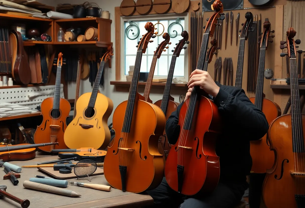 A luthier working on string instruments in a workshop filled with tools.